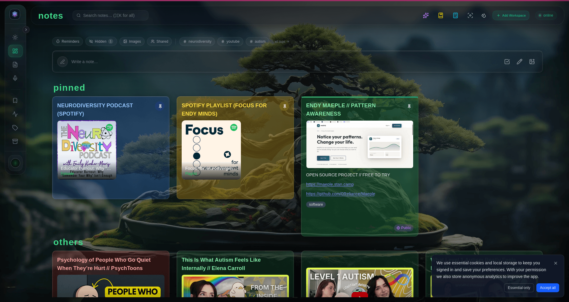 The Glassy note editor showing the rich text editing surface with formatting toolbar