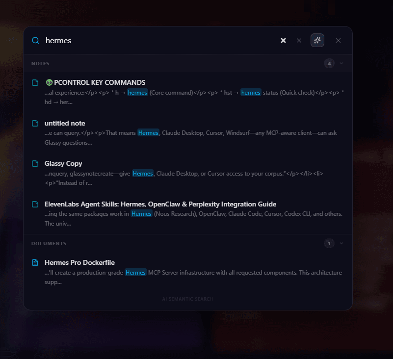 Global search overlay open over the workspace, showing results across notes and bookmarks