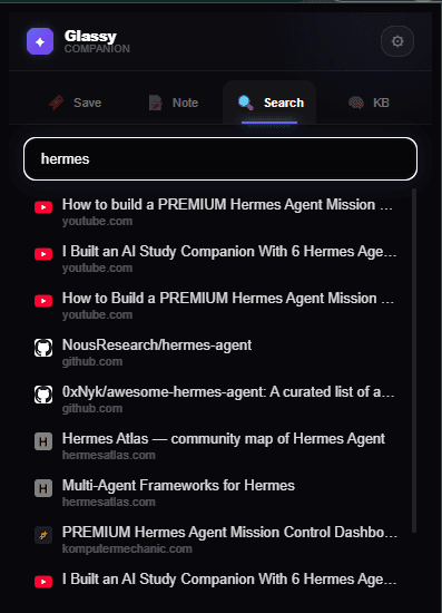 Knowledge Base search showing hybrid results across bookmarks, notes, and vault files