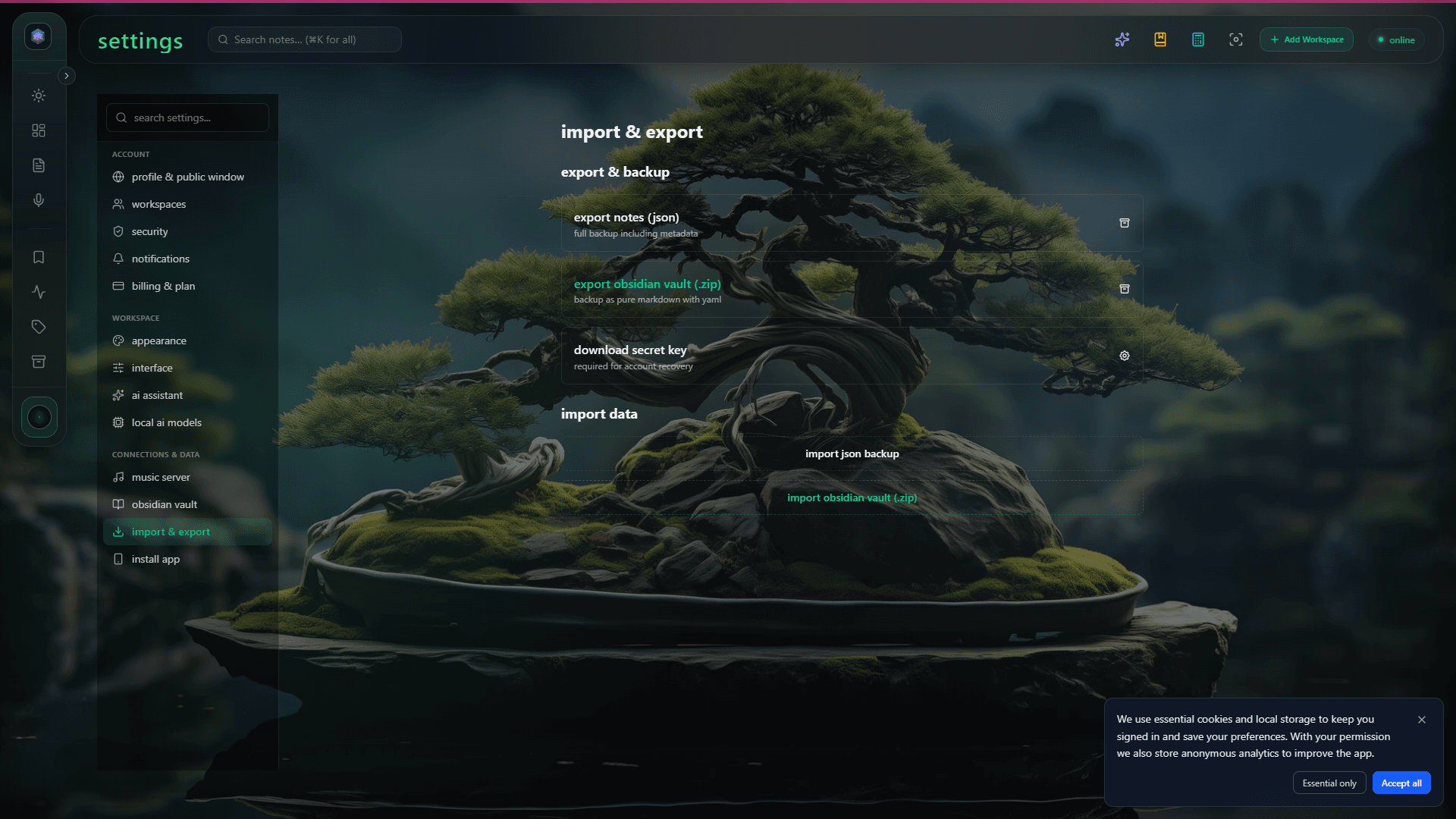 Import and export settings panel showing Markdown and JSON export options